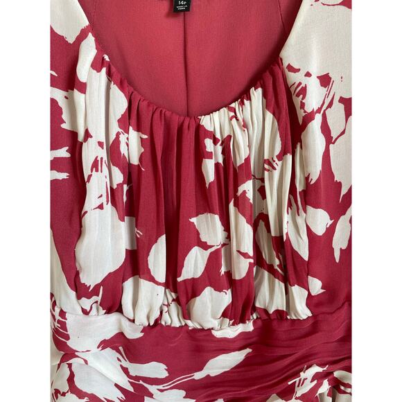 Talbots Swing Dress Sz 14P Floral Red Cream Ruching Chiffon Lined Feminine Girly - Picture 6 of 11